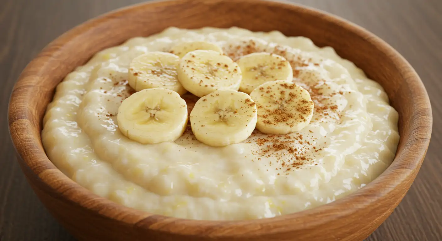 Creamy maize porridge topped with banana and cinnamon